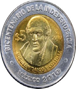 Imagen de Moneda Miguel Hidalgo 5 pesos bicentenario de la Independencia Mexico 2010 numero 0
